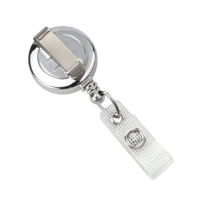 A sleek Badge Reel With Silver Sticker (P/N 2120-310X) with a rotating spring clip and a clear plastic strap, designed for holding identification cards or badges. Sold by Specialist ID.