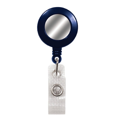 A Badge Reel With Silver Sticker (P/N 2120-310X) with a navy blue round retractable design, clear plastic strap, rotating spring clip, and a silver sticker. Sold by Specialist ID.