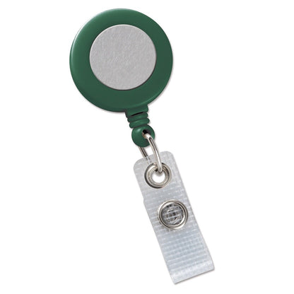 A green and silver Badge Reel With Silver Sticker (P/N 2120-310X) featuring a convenient clip attachment. Sold by Specialist ID.