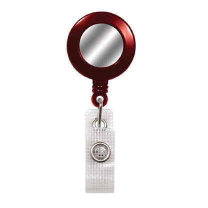 A Badge Reel With Silver Sticker (P/N 2120-310X) with a red outer casing, a clear plastic strap with a metal snap button, and a rotating spring clip for added convenience. Sold by Specialist ID.