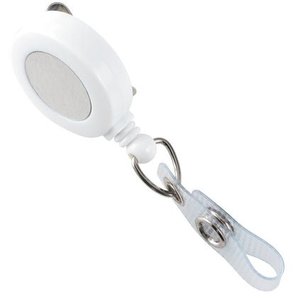 A Badge Reel With Silver Sticker (P/N 2120-310X) with a rotating spring clip and a clear vinyl strap with a snap button. Sold by Specialist ID.