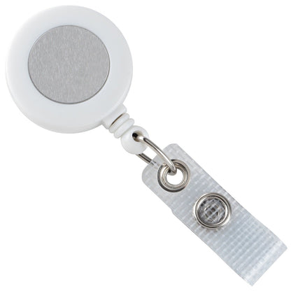 A Badge Reel With Silver Sticker (P/N 2120-310X) featuring a rotating spring clip, clear plastic belt clip, and metal fastener. Sold by Specialist ID.
