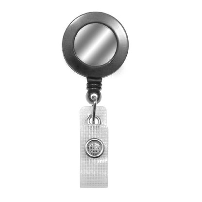 A Badge Reel With Silver Sticker (P/N 2120-310X) with a rotating spring clip, metal clip, and a clear plastic strap. Sold by Specialist ID.