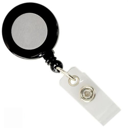Black Badge Reel with Silver Metallic Sticker and Belt Clip (2120-3151), featuring a retractable round top and a clear plastic strap ending in a snap button attachment.