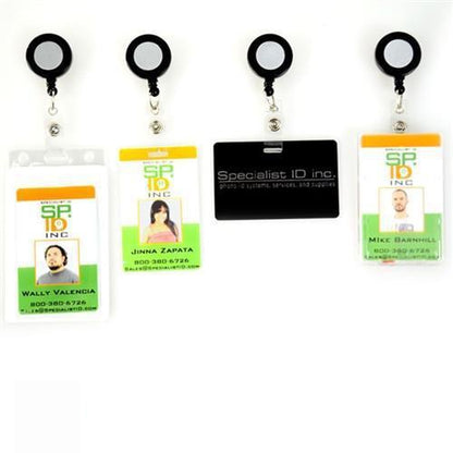 Four ID badges are displayed; two have photos and contact information, one is black with "Specialist ID inc.," and all have Black Badge Reel with Silver Metallic Sticker and Belt Clip (2120-3151). Notice the sophisticated belt clip for secure attachment.