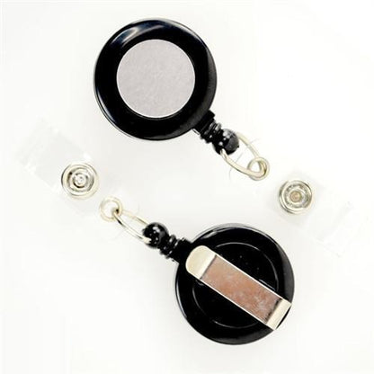Two Black Badge Reels with Silver Metallic Sticker and Belt Clip (2120-3151) with retractable mechanisms, featuring metal belt clips and transparent vinyl straps, viewed from the front and back.