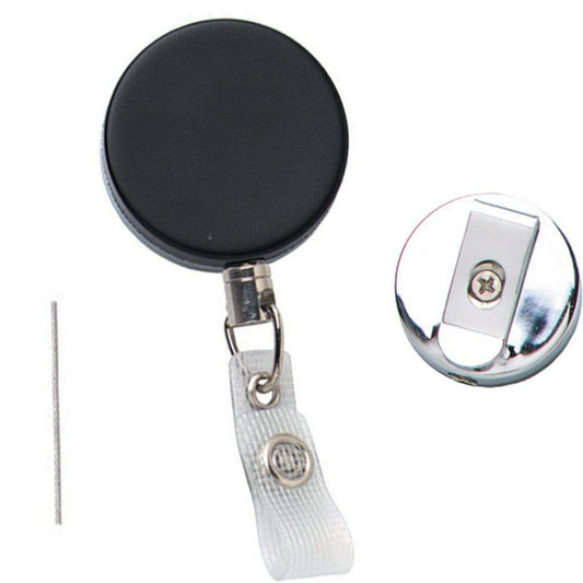 A Heavy Duty Badge Reel With Steel Cable 2120-3305 with a clear strap and metal clip, featuring a separate view of its metal backing and attachment screw.