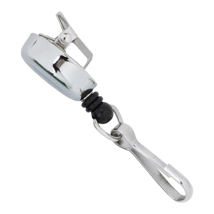 A Mini Chrome Silver Key Reel With Spring Clip And Metal Swivel Hook (2120-3400), perfect as a retractable key reel.