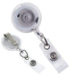 Two views of a Translucent Clear Retractable Badge Reel with Belt Clip (2120-360X) with a clear plastic casing and a metal clip. The image shows both the front and back sides of the belt clip badge holder.