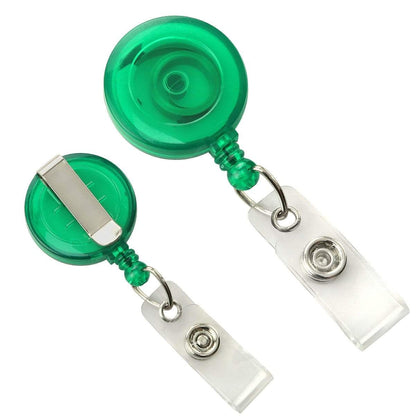 Two Translucent Clear Retractable Badge Reels with Belt Clips (2120-360X), clear plastic straps, and a sleek translucent badge reel design. Sold by Specialist ID.