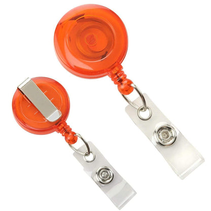 Two Translucent Clear Retractable Badge Reel with Belt Clip (2120-360X) clips, one displaying the front with a clear strap and metal snap, the other showcasing the back with a sturdy belt clip.