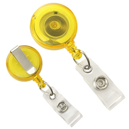 Two Translucent Clear Retractable Badge Reels with Belt Clips (2120-360X) with clear plastic strap clips and metal belt clips, shown front and back. Sold by Specialist ID.