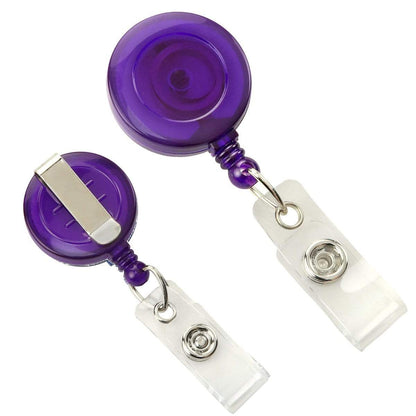 Two Translucent Clear Retractable Badge Reels with Belt Clips (2120-360X), designed for attaching and displaying ID cards. Sold by Specialist ID.