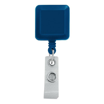 A blue Square Badge Reel With Reinforced Vinyl Strap And Belt Clip (P/N 2120-382X) with a reinforced vinyl strap and metal button attachment. Sold by Specialist ID.
