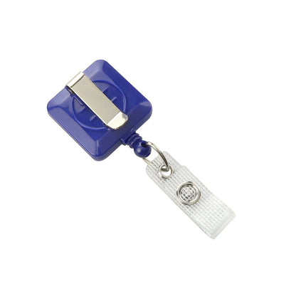 A Square Badge Reel With Reinforced Vinyl Strap And Belt Clip (P/N 2120-382X) with a metal belt clip and a transparent, reinforced vinyl strap attachment. Sold by Specialist ID.