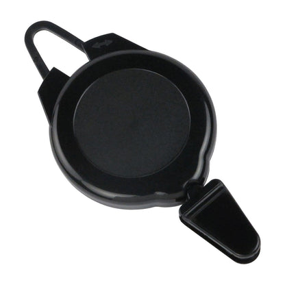 A black, round Ski Pass and Sports Retractable Reel (P/N 2120-4001) with a clip attachment, featuring a rugged plastic design, perfect for holding and extending ID badges or keys.