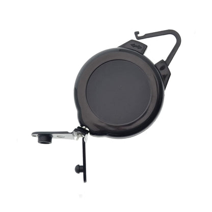 A Ski Pass and Sports Retractable Reel (P/N 2120-4001) with a rugged plastic design and metal belt clip, featuring a transparent belt loop hook attachment and a retractable cord.