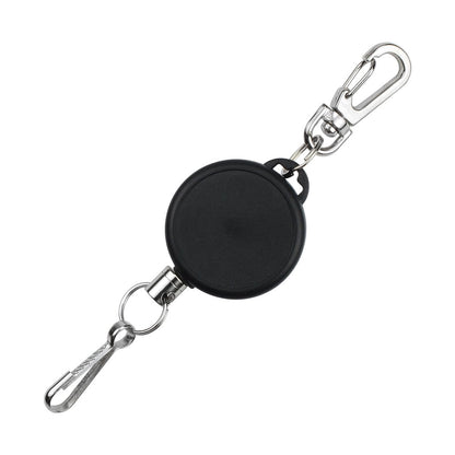 A black, Ski Pass Holder Retractable Heavy Duty Sport Reel (P/N 2120-4101) with a metal clip on one end and a key ring attached to a hook on the other, ideal as a ski pass holder.