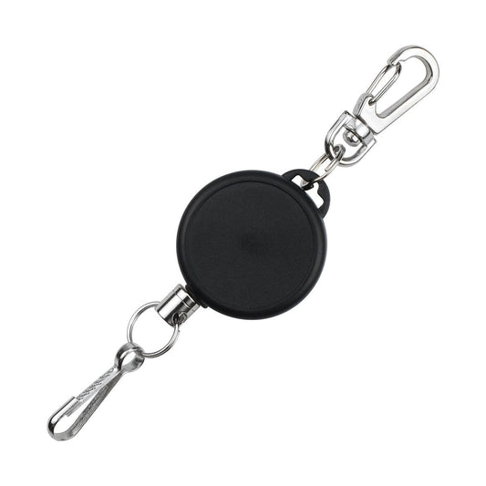 A black, Ski Pass Holder Retractable Heavy Duty Sport Reel (P/N 2120-4101) with a metal clip on one end and a key ring attached to a hook on the other, ideal as a ski pass holder.