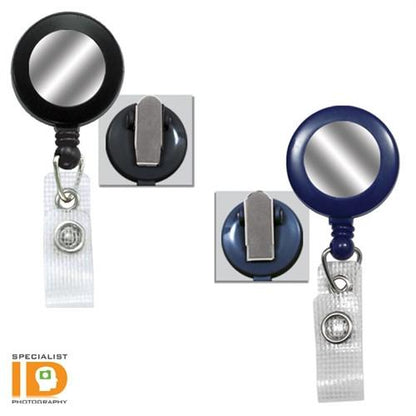 Two Badge Reels With Silver Sticker, Reinforced Vinyl Strap & Spring Clip (P/N 2120-450X) with clips. One is black, the other blue. Both feature clear badge holders attached at the bottom. "Specialist ID Photography" is written at the bottom left.