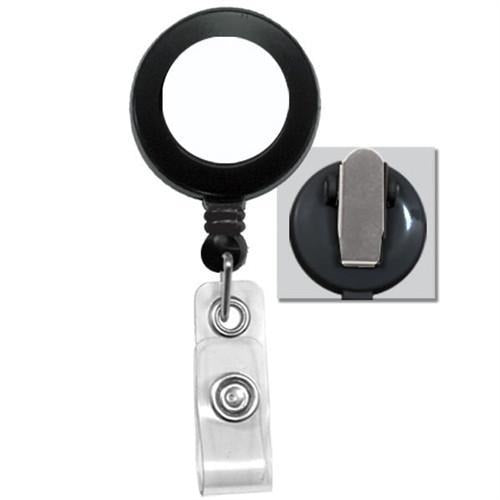 A black round Badge Reel With Spring Clip and White Sticker (P/N 2120-460X) featuring a clear vinyl strap and sturdy metal snap attachment. Inset image shows the spring clip on the back, ensuring secure placement.