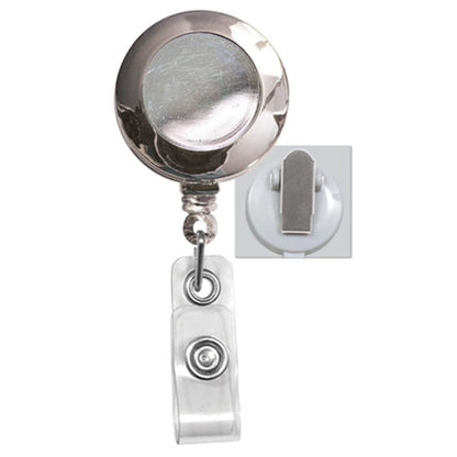 A Badge Reel with Non-Swiveling Spring Clip / Pinch Clip (2120-470X) is shown, perfect for securely holding ID cards or badges. Sold by Specialist ID.
