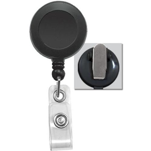 A black Badge Reel with Non-Swiveling Spring Clip / Pinch Clip (2120-470X) with a clear plastic strap and metal spring clip is shown. An inset image displays the metal clip from the back.