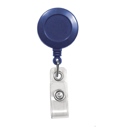 A Badge Reel with Non-Swiveling Spring Clip / Pinch Clip (2120-470X) with a clear plastic strap, metal button, and spring clip, used to hold and display identification cards. Sold by Specialist ID.
