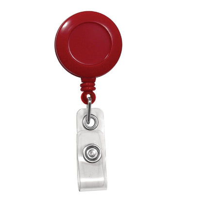 A Badge Reel with Non-Swiveling Spring Clip / Pinch Clip (2120-470X) with a clear plastic strap featuring a snap button. Sold by Specialist ID.