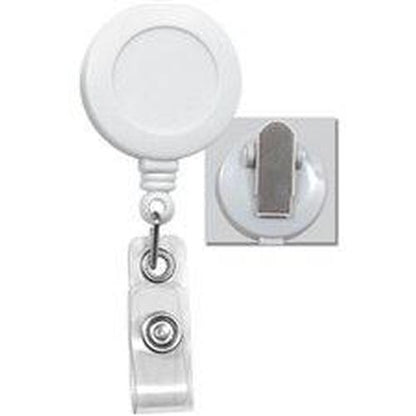 A Badge Reel with Non-Swiveling Spring Clip / Pinch Clip (2120-470X) features a clear plastic strap and snap button for holding an ID card. It includes a spring clip for secure attachment, as shown in the inset close-up.