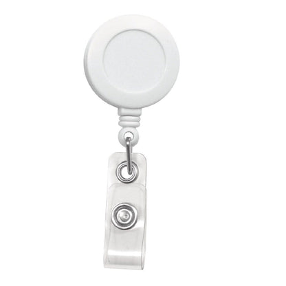 A Badge Reel with Non-Swiveling Spring Clip / Pinch Clip (2120-470X) with a transparent vinyl strap, metal snap, and a sturdy spring clip. Sold by Specialist ID.