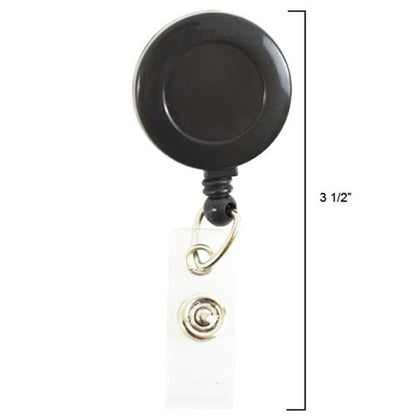 Black round retractable Badge Reel with Non-Swiveling Spring Clip / Pinch Clip (2120-470X) with a clear strap and metal snap, featuring a sturdy spring clip. The overall length is marked as 3.5 inches.