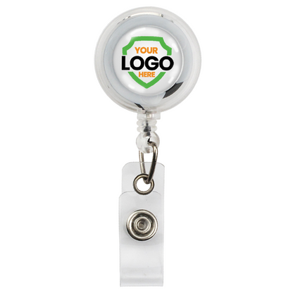 A Translucent Custom Badge Reel with Non-Swivel Spring Clip - Add Your Logo featuring a round retractable design with a clip and "Your Logo Here" text on the front. This stylish ID card holder includes a full-color logo dome label for a personalized touch.