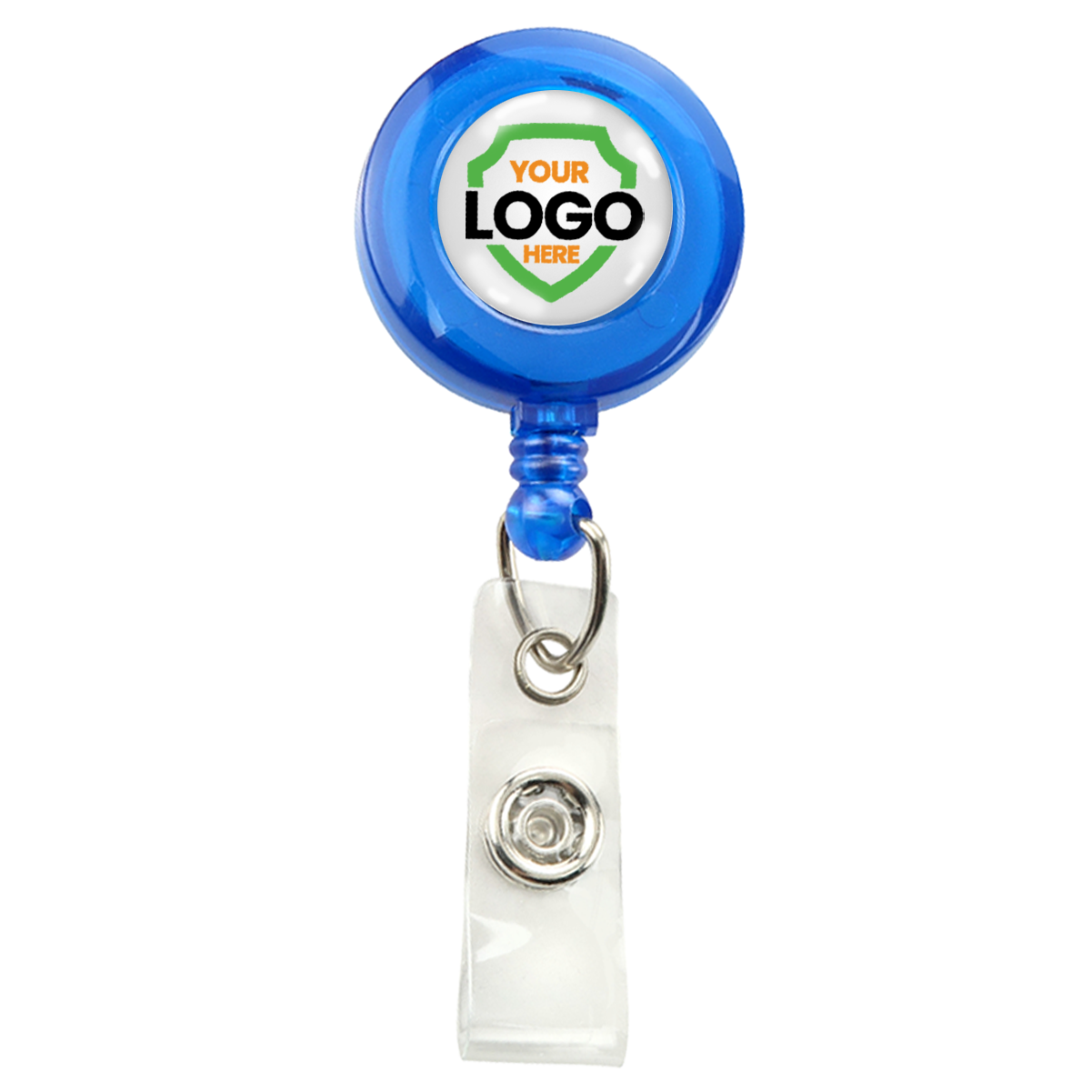 A Translucent Custom Badge Reel with Non-Swivel Spring Clip - Add Your Logo, featuring a clear plastic strap, a clip, and an ID card holder. The circular top displays a full-color logo dome label with the text "YOUR LOGO HERE.