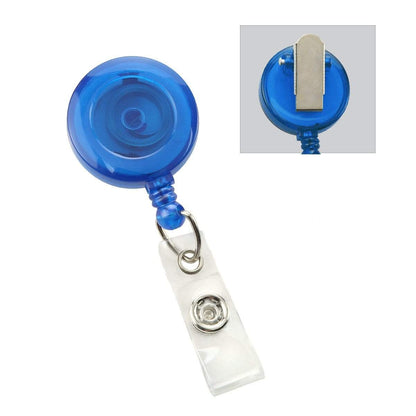 A Translucent Retractable Badge Reel with Non-Swivel Spring Clip (P/N 2120-473X) with a metal clip on the back and a clear plastic strap with a snap button for attaching IDs. An inset shows the back view of the clip.