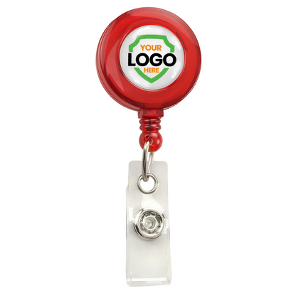 Translucent Custom Badge Reel with Non-Swivel Spring Clip - Add Your Logo with a red retractable design and a clip, featuring a full-color logo dome label in the center. Sold by Specialist ID.