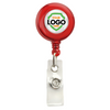 Custom badge reel with non swivel spring clip in translucent red color