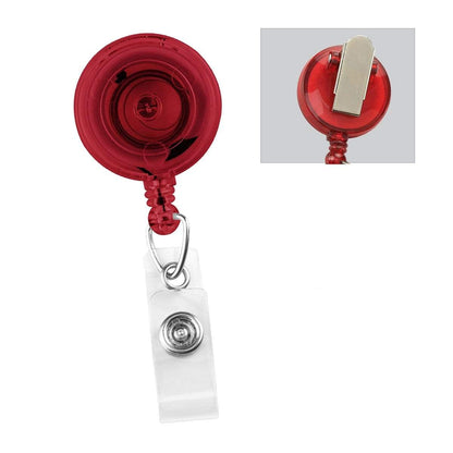 A Translucent Retractable Badge Reel with Non-Swivel Spring Clip (P/N 2120-473X) featuring a retractable cord with a metal clip on the back and a clear strap with a button snap at the end.