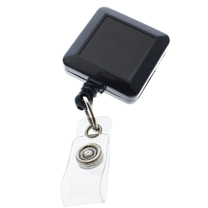 A Black Square Badge Reel With Spring Clip (P/N 2120-5701), features a clear plastic strap loop with a metal snap button.