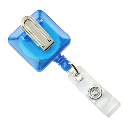 A Translucent Blue Square Retractable Badge Reel With Spring Clip (P/N 2120-5712) with a retractable cord, featuring a dependable spring clip and clear plastic strap.