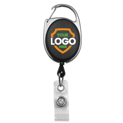A Custom Printed Oval Shaped Carabiner Badge Reels - Online Designer - Add Personalized Logo or Graphic, featuring a customizable "Your Logo Here" design on a black background with an orange and green border, perfect to promote brand awareness.