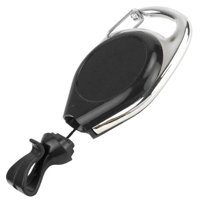 A black and silver Carabiner Style Proreel With Card Clip (P/N 2120-702X) features a plastic belt clip and no-twist design, making it the perfect retractable badge reel with carabiner clip.