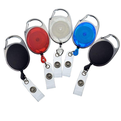 Five Carabiner Badge Reels - Premium Retractable Oval Badge Holders with Carabiner Clips for Belt Loops & Purse Straps (2120-70XX) in different colors (red, white, blue, and black) arranged in a semi-circle.