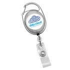 A custom printed oval shaped carabiner badge reel labeled "data cloud computing solutions," with a clip and a cloud design featuring digital lines, is perfect for promoting brand awareness. Complete with a convenient carabiner clip, it's both functional and stylish.