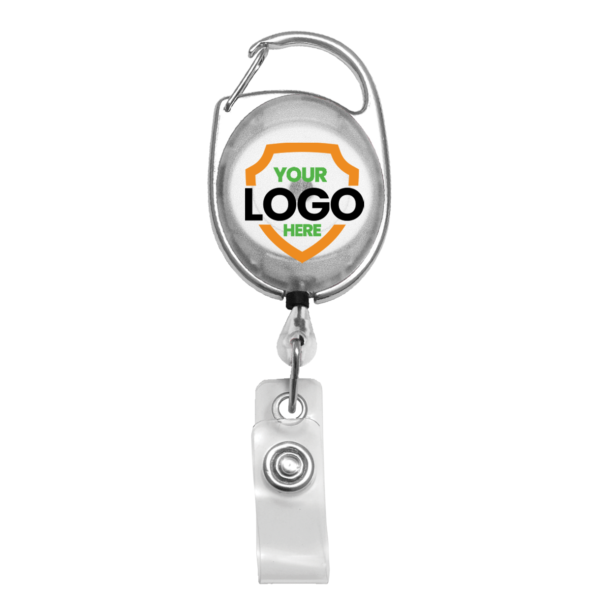 A Custom Printed Oval Shaped Carabiner Badge Reels - Online Designer - Add Personalized Logo or Graphic with a retractable feature and a carabiner clip, boasting a blank customizable logo area in the center to promote brand awareness.