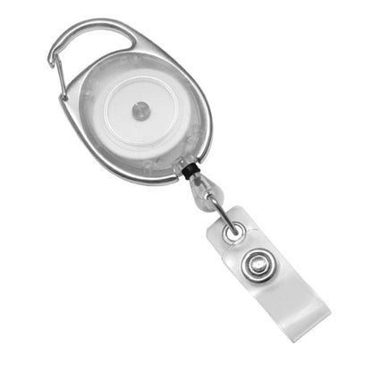 A **Carabiner Badge Reel - Premium Retractable Oval Badge Holder with Carabiner Clip for Belt Loops & Purse Straps (2120-70XX)** featuring a retractable holder with a clear plastic clip and a sturdy metal carabiner clip attached.