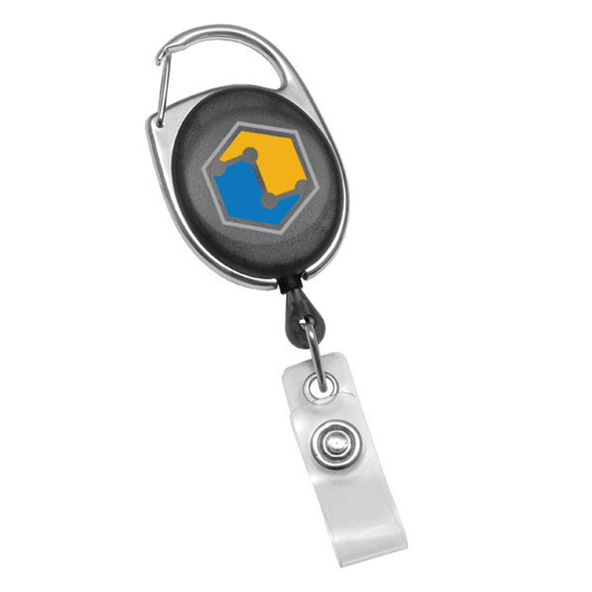 A Custom Printed Oval Shaped Carabiner Badge Reels - Online Designer - Add Personalized Logo or Graphic with a carabiner clip and a logo featuring blue and yellow geometric shapes on a black background, perfect for promoting brand awareness.