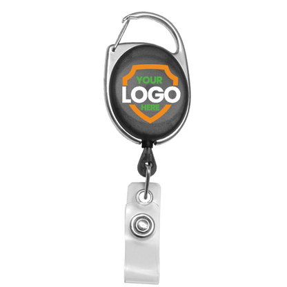 Custom Printed Oval Shaped Carabiner Badge Reels - Online Designer - Add Personalized Logo or Graphic, displaying "Your Logo Here" on a shield-shaped background with orange and green accents, are perfect to promote brand awareness.
