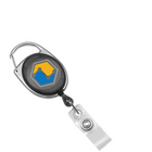 A Custom Printed Oval Shaped Carabiner Badge Reels - Online Designer - Add Personalized Logo or Graphic, featuring a black and yellow logo, is an excellent way to promote brand awareness.