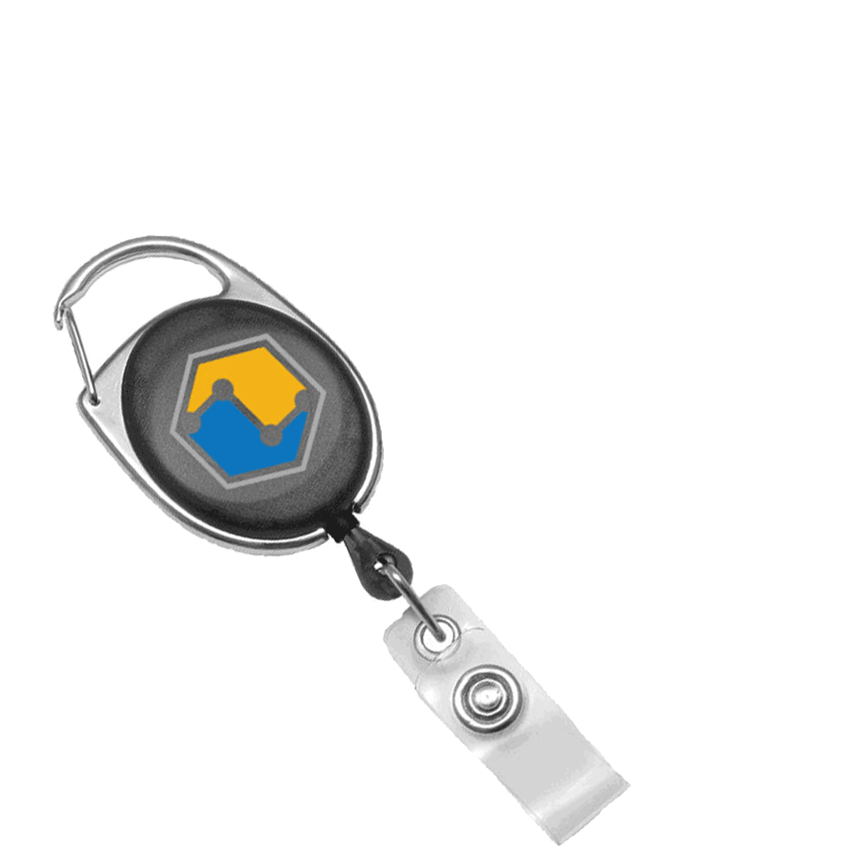 A Custom Printed Oval Shaped Carabiner Badge Reels - Online Designer - Add Personalized Logo or Graphic, featuring a black and yellow logo, is an excellent way to promote brand awareness.